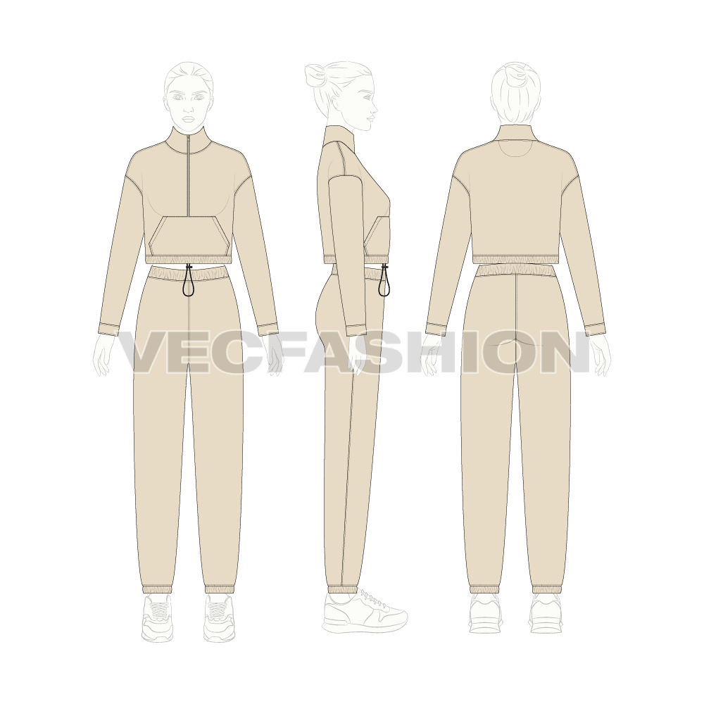 Womens crop jacket sweatsuit flat sketch, on croqui