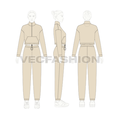 An editable vector template for Women's Crop Jacket Sweatsuit. It has a cropped jacket with knot on waist and a kangaroo pocket. The pants is a lose fit and have elasticated waist band.
