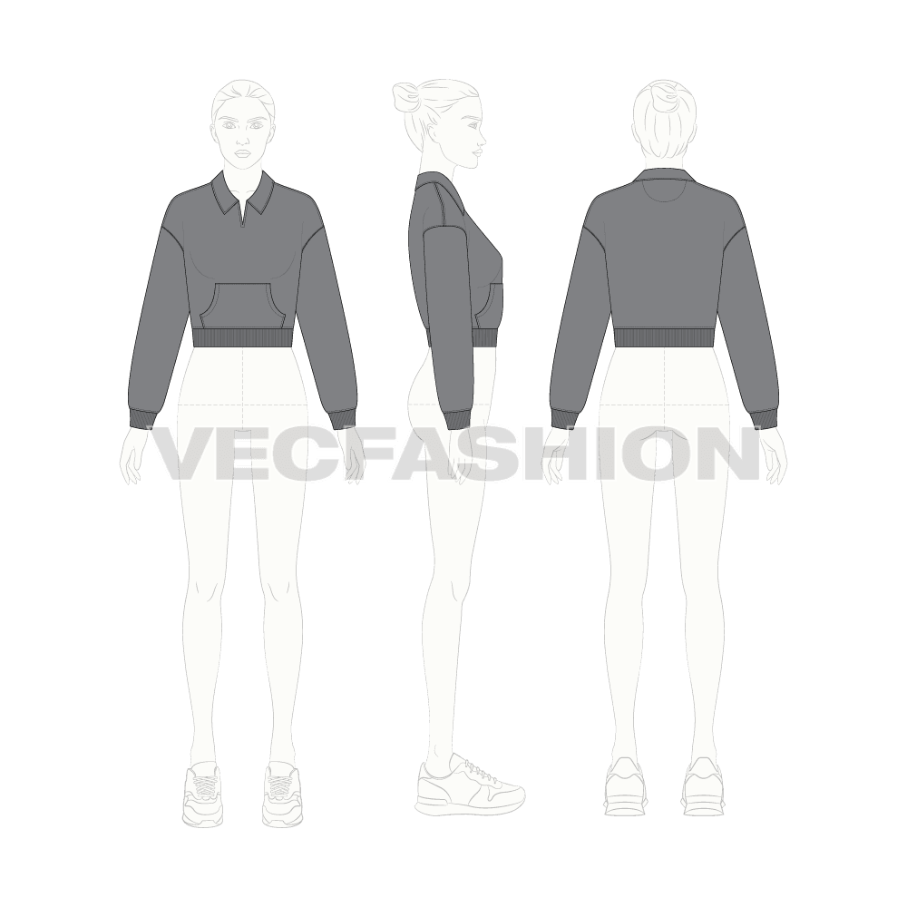 Womens crop open collar sweatshirt flat sketch, croqui sketch