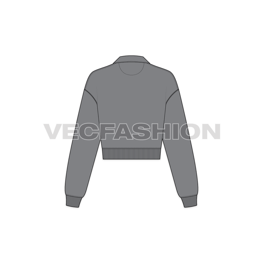 Womens crop open collar sweatshirt flat sketch, back view