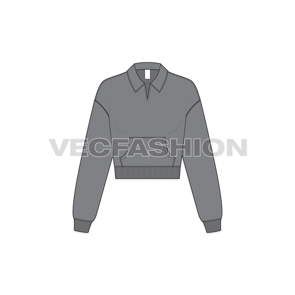 Womens crop open collar sweatshirt flat sketch, front view