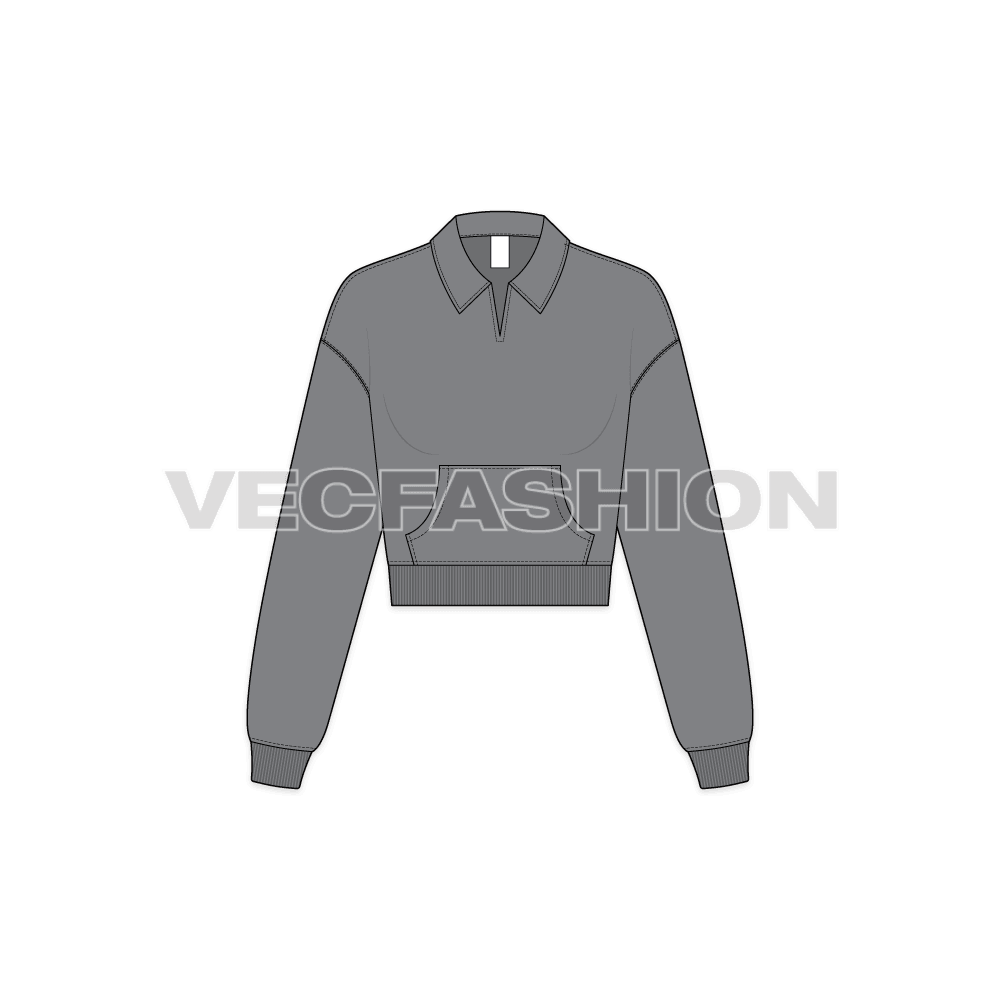 A vector illustrator sketch template of Women's Crop Open Collar Sweatshirt. It is illustrated with Front, Side and Back view. It has collar on neck, rib on sleeve cuffs and bottom hem. It is a drop-shoulder sweatshirt with crop body fit.