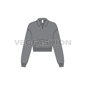 A vector illustrator sketch template of Women's Crop Open Collar Sweatshirt. It is illustrated with Front, Side and Back view. It has collar on neck, rib on sleeve cuffs and bottom hem. It is a drop-shoulder sweatshirt with crop body fit.