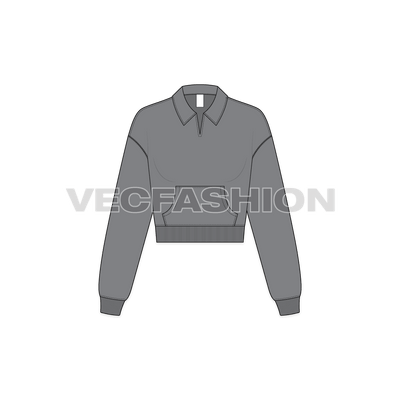 A vector illustrator sketch template of Women's Crop Open Collar Sweatshirt. It is illustrated with Front, Side and Back view. It has collar on neck, rib on sleeve cuffs and bottom hem. It is a drop-shoulder sweatshirt with crop body fit.