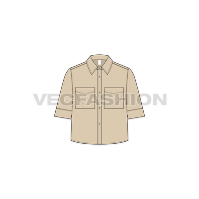 A vector illustrator template for Women's Crop Shirt. It has two big pockets on chest, a shirt collar with cropped length shirt. The sleeves comes till elbow with cuff detailing.