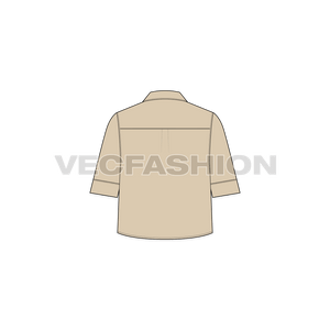 A vector illustrator template for Women's Crop Shirt. It has two big pockets on chest, a shirt collar with cropped length shirt. The sleeves comes till elbow with cuff detailing.