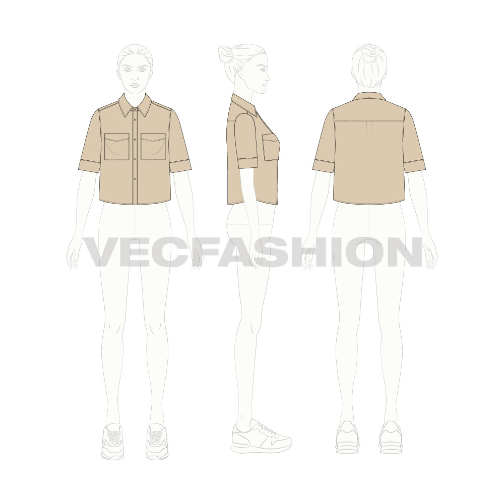 Womens crop shirt flat sketch, croqui sketch