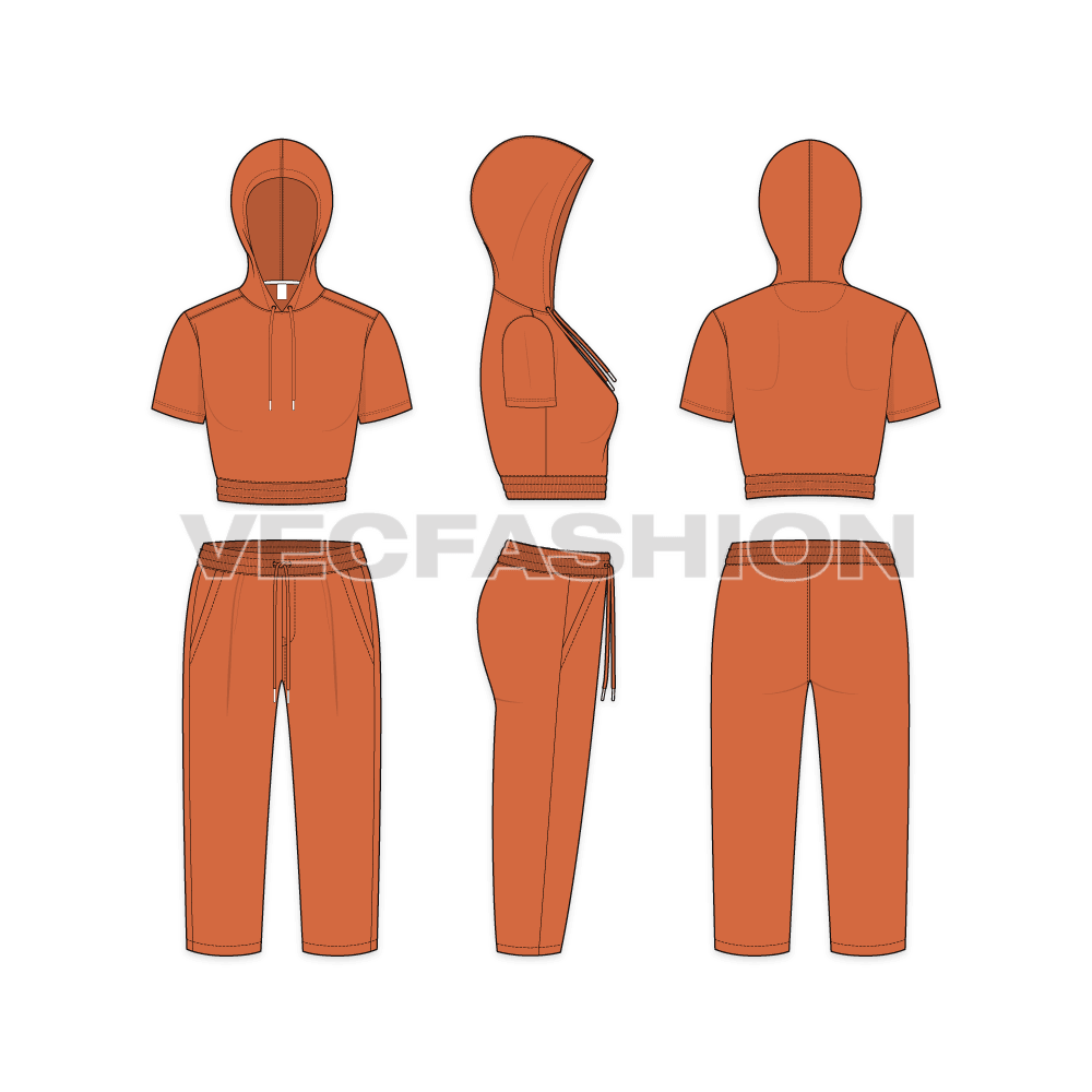 Womens crop sweatsuit flat sketch, showing all views, front, side and back