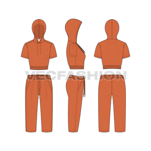 A fully editable vector sketch template of Women's Crop Sweatsuit. It has a cropped hoodie with Cropped Slacks.