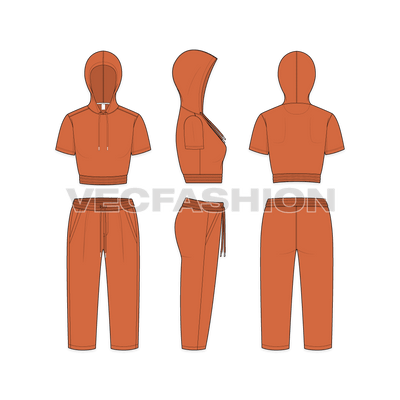 Womens crop sweatsuit flat sketch, showing all views, front, side and back