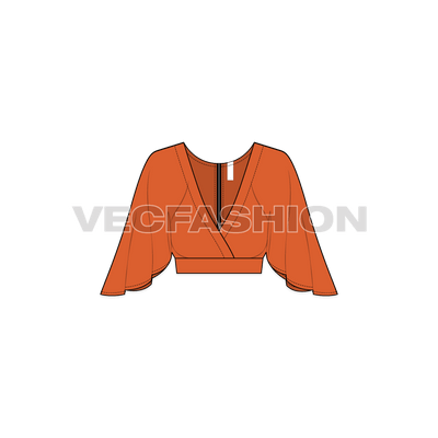 A vector template of Women's Crop Top. It is a very deep overlapping V-neck locked in place with the waistband and enclosure is at the back.