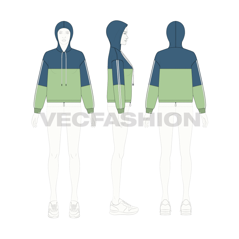 Womens crop vector hoodie flat sketch, croqui sketch