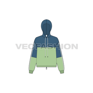 A new vector sketch illustrator template of Women's Crop Vector Hoodie. It has a sporty look with contrast color on top and mint green on bottom panel. The waist have a rubber stopper to adjust the fitting around waist.
