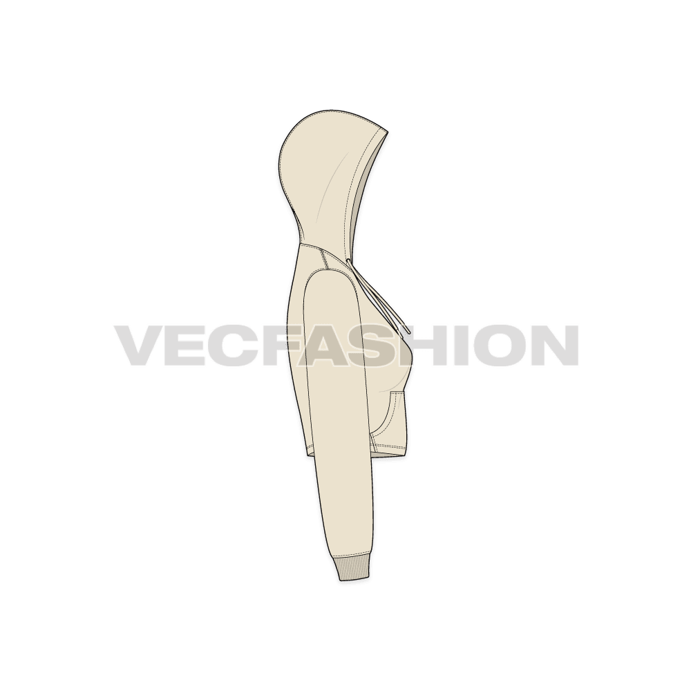 Womens cropped hoodie with kangaroo pocket flat sketch, side view