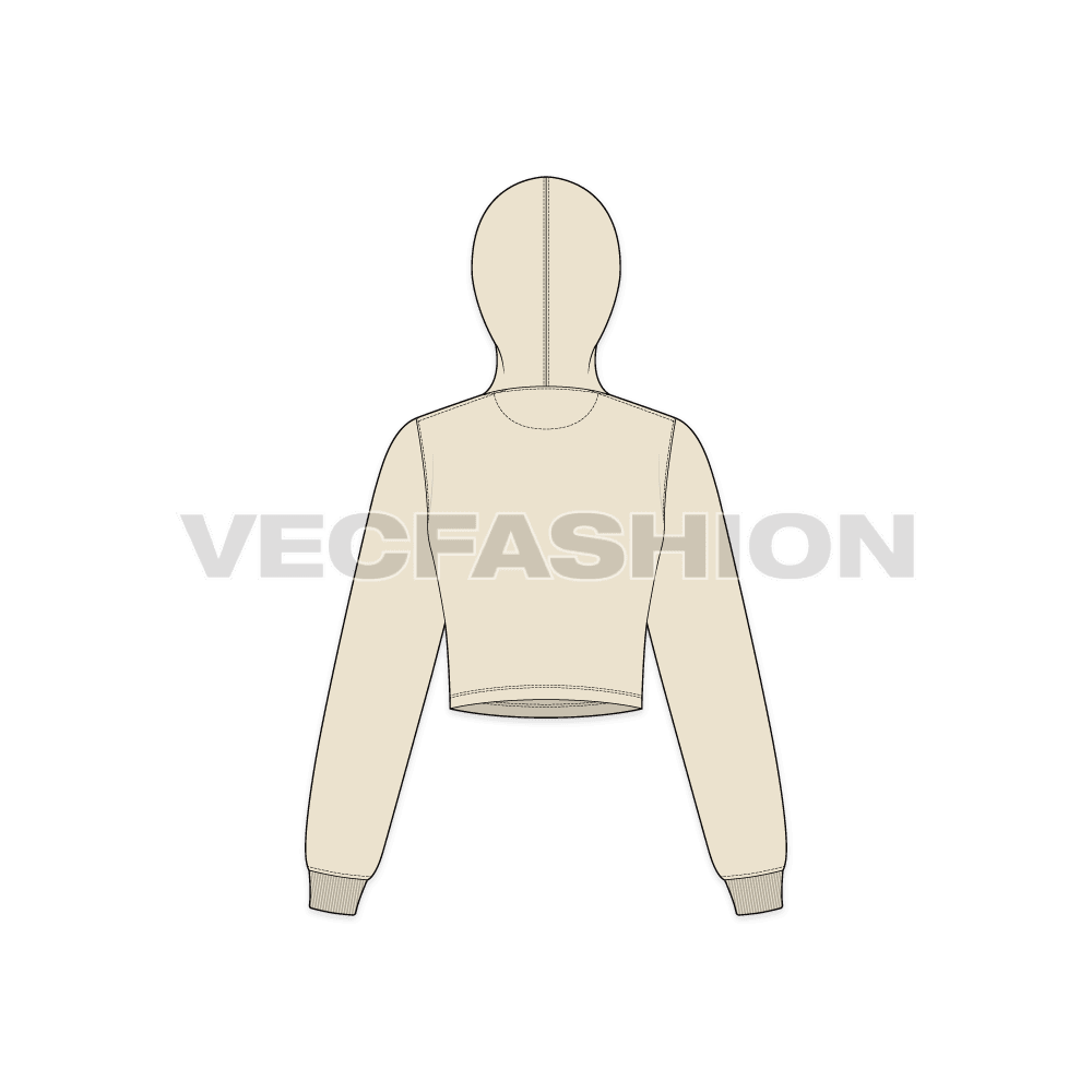 Womens cropped hoodie with kangaroo pocket flat sketch, back view