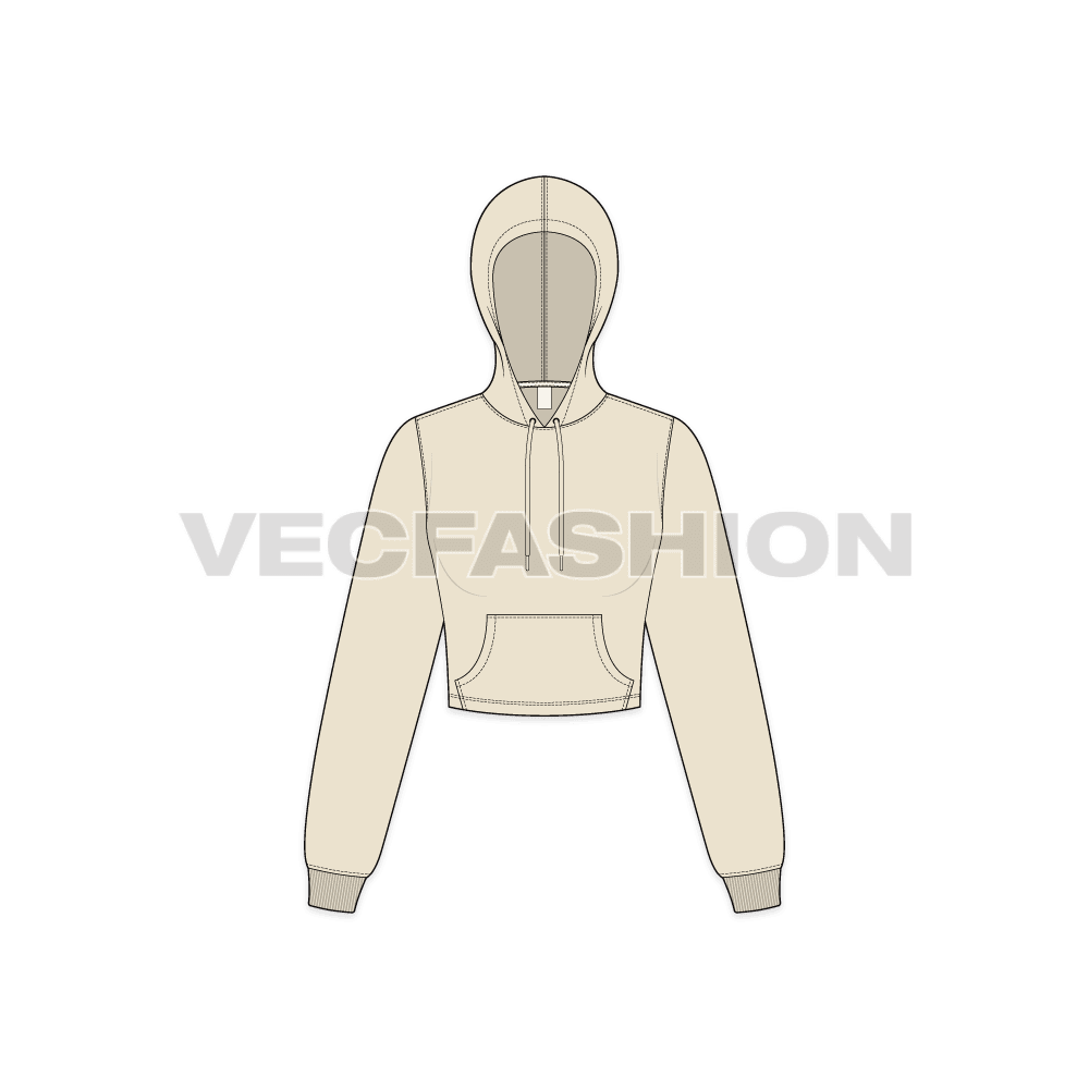 Womens cropped hoodie with kangaroo pocket flat sketch, front view