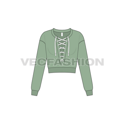 A vector template for Women's Cropped Pullover. It has a big open neck with tassels on it closing. The body is cropped and sleeves are full length. 