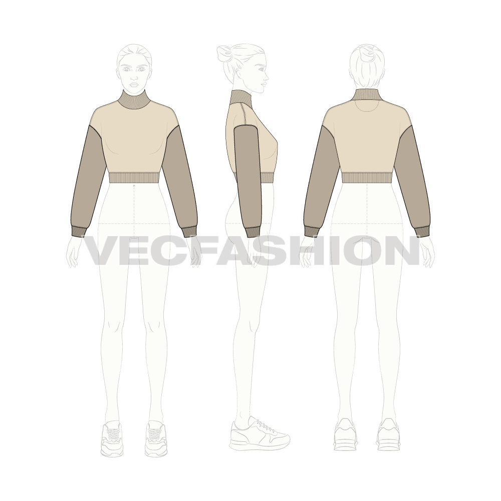 Womens cropped sweatshirt flat sketch, croqui sketch