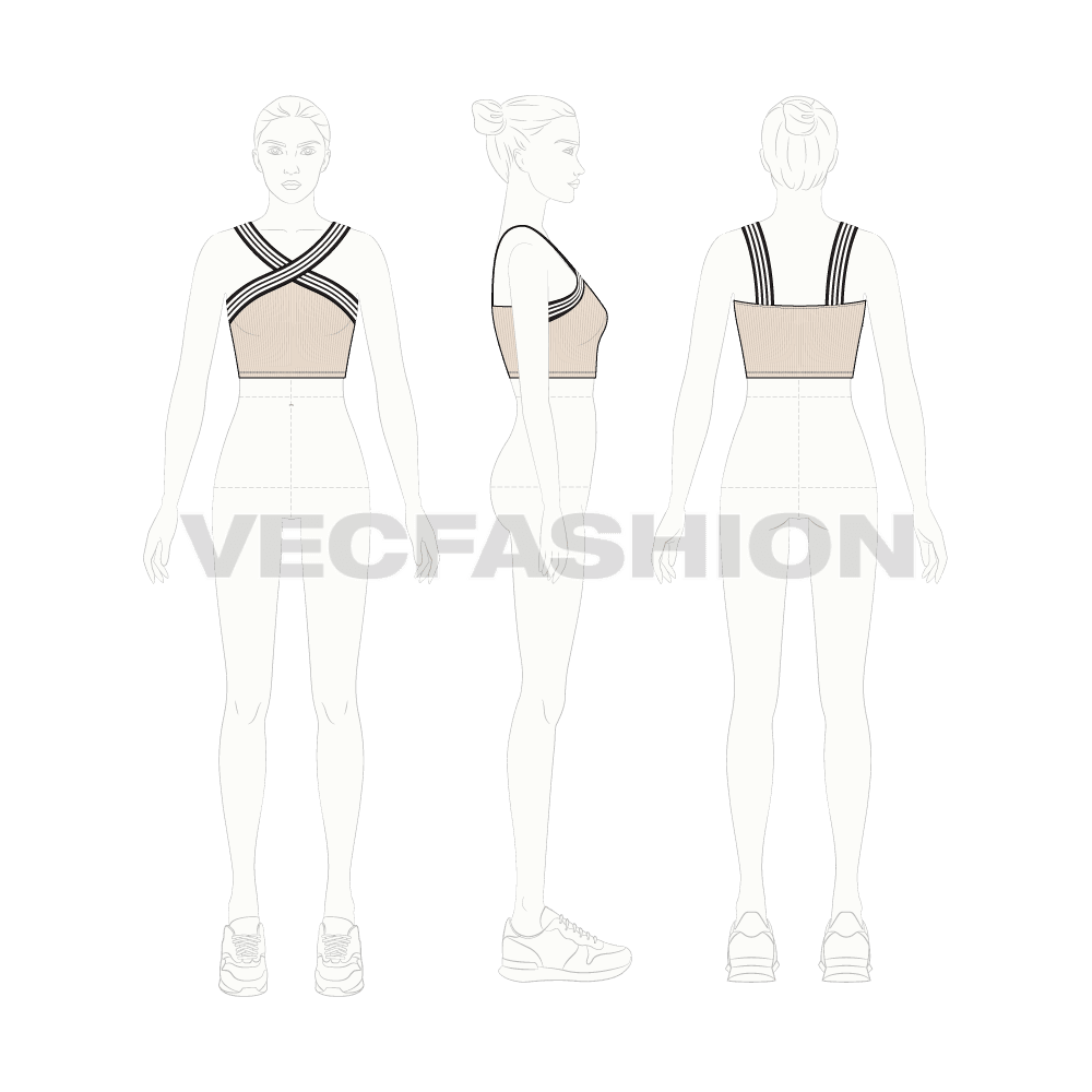 Womens cross-front crop top flat sketch, croqui sketch