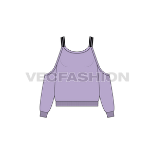 A vector template of Women's Cut Out Jumper. It has a slightly wide neck with cut-out shoulders. The sleeves and body have volume and there are striped shoulder straps. 