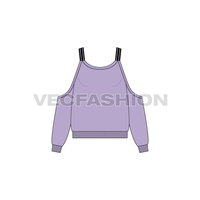 A vector template of Women's Cut Out Jumper. It has a slightly wide neck with cut-out shoulders. The sleeves and body have volume and there are striped shoulder straps. 