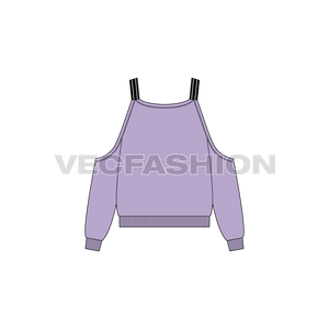 A vector template of Women's Cut Out Jumper. It has a slightly wide neck with cut-out shoulders. The sleeves and body have volume and there are striped shoulder straps. 