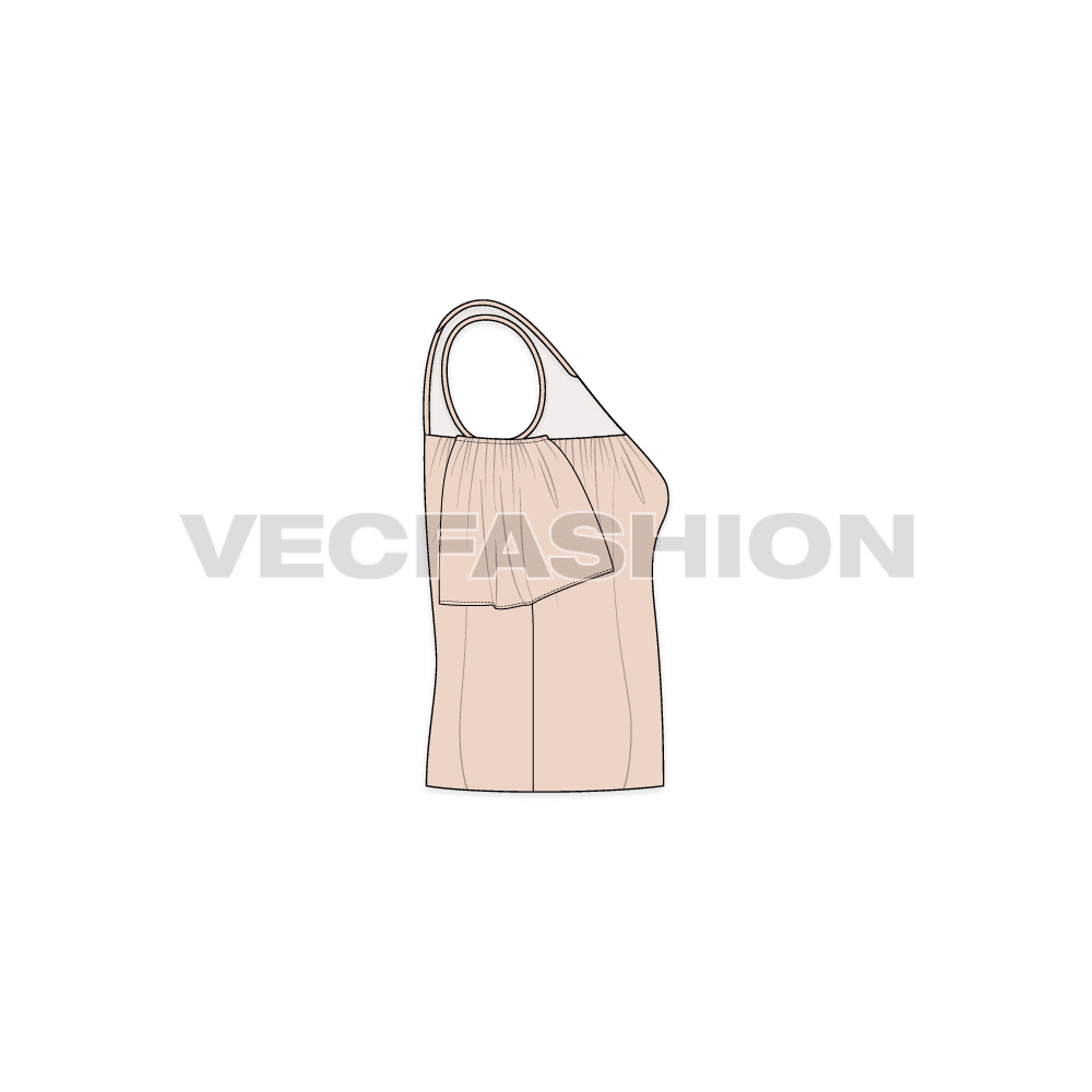 Womens cut out mesh top flat sketch, side view