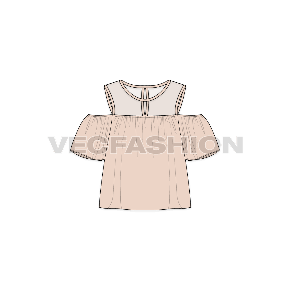 A vector template of Women's Cut Out Mesh Top. It has a crew neck with sheer mesh yoke on top bodice. This is inspired by the Cut out jumper and have flared sleeves and bottom hem. 