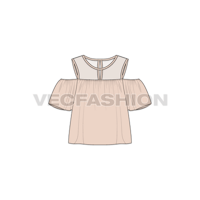 A vector template of Women's Cut Out Mesh Top. It has a crew neck with sheer mesh yoke on top bodice. This is inspired by the Cut out jumper and have flared sleeves and bottom hem. 