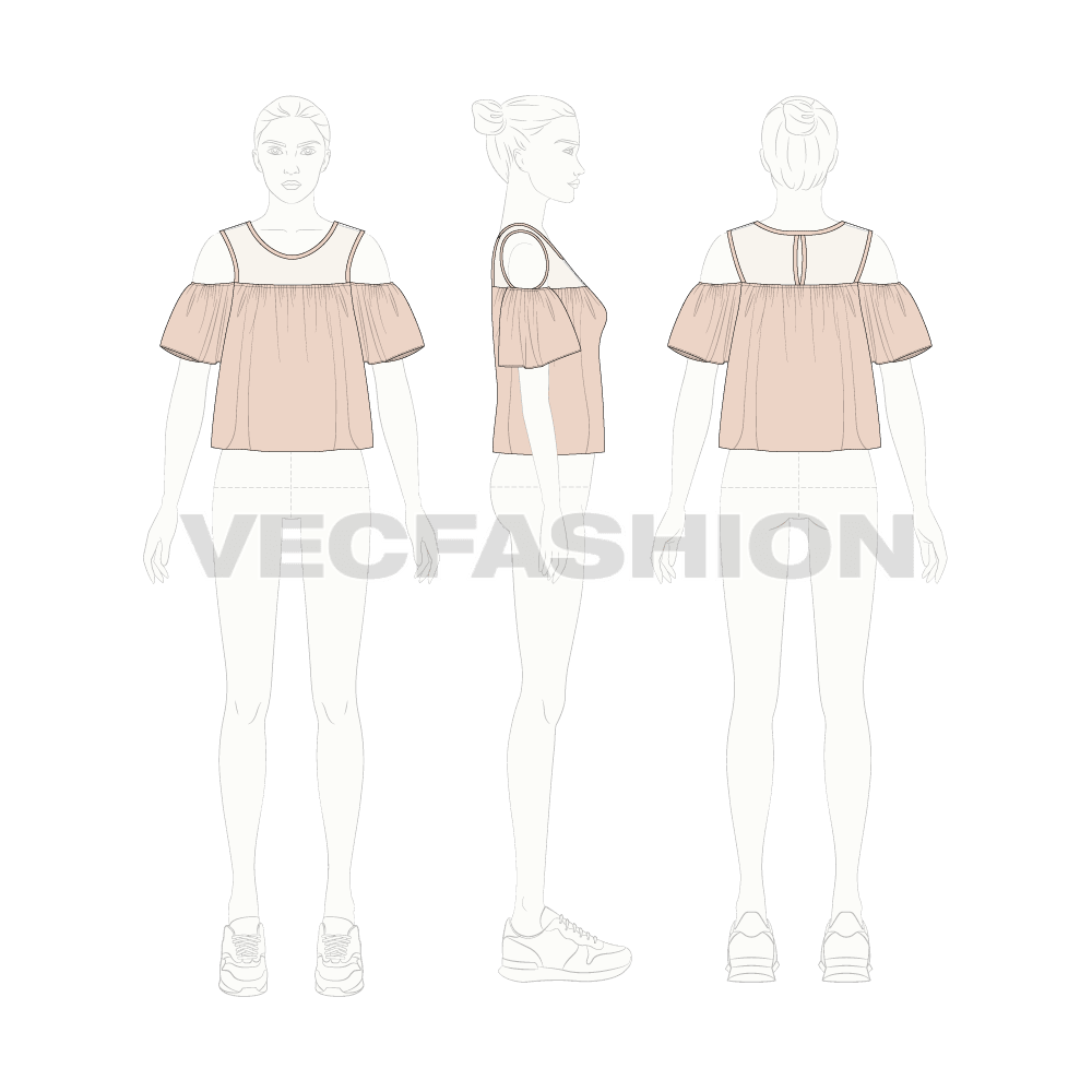 Womens cut out mesh top flat sketch, croqui sketch