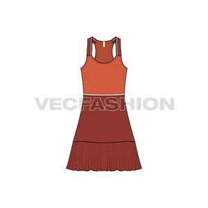 A vector template for Women's Daywear Dress. It has fitted bodice with decorative straps with striking contrast white stripe around waist with flared skirt attached.