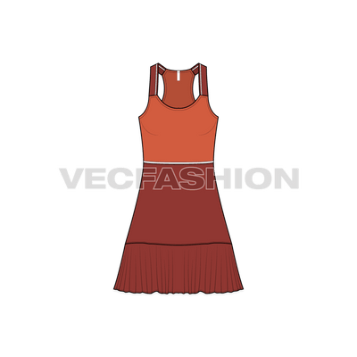 A vector template for Women's Daywear Dress. It has fitted bodice with decorative straps with striking contrast white stripe around waist with flared skirt attached.