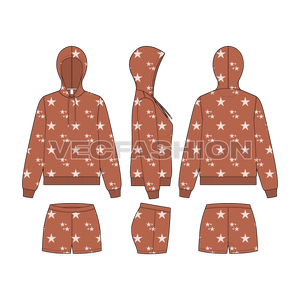A vector template sketch for Women's Daywear Sweatsuit. It is made out of very soft terry material with all over star print. The hoodie has slim opening to snug around the head and shorts is with elasticated waistband. 