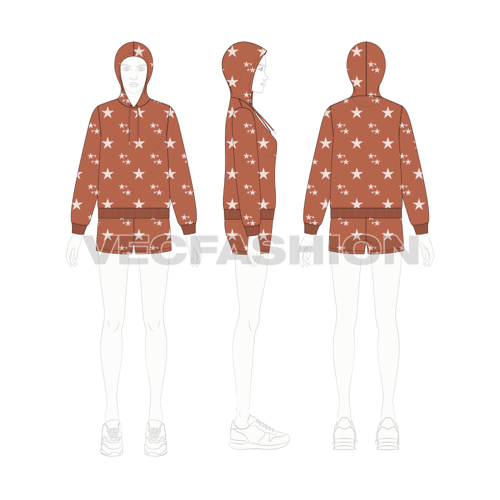 Womens daywear sweatsuit flat sketch, on croqui