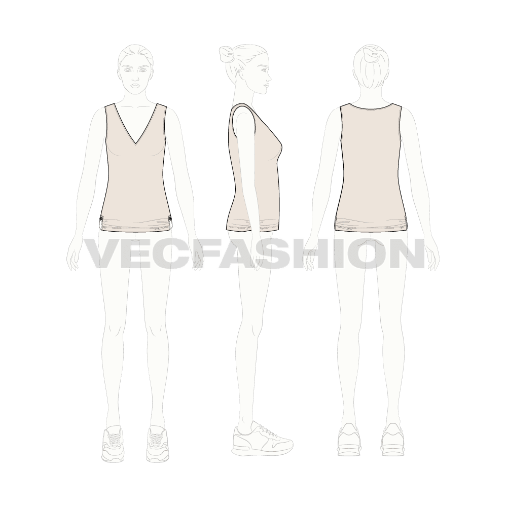 Womens deep neck top flat sketch, croqui sketch