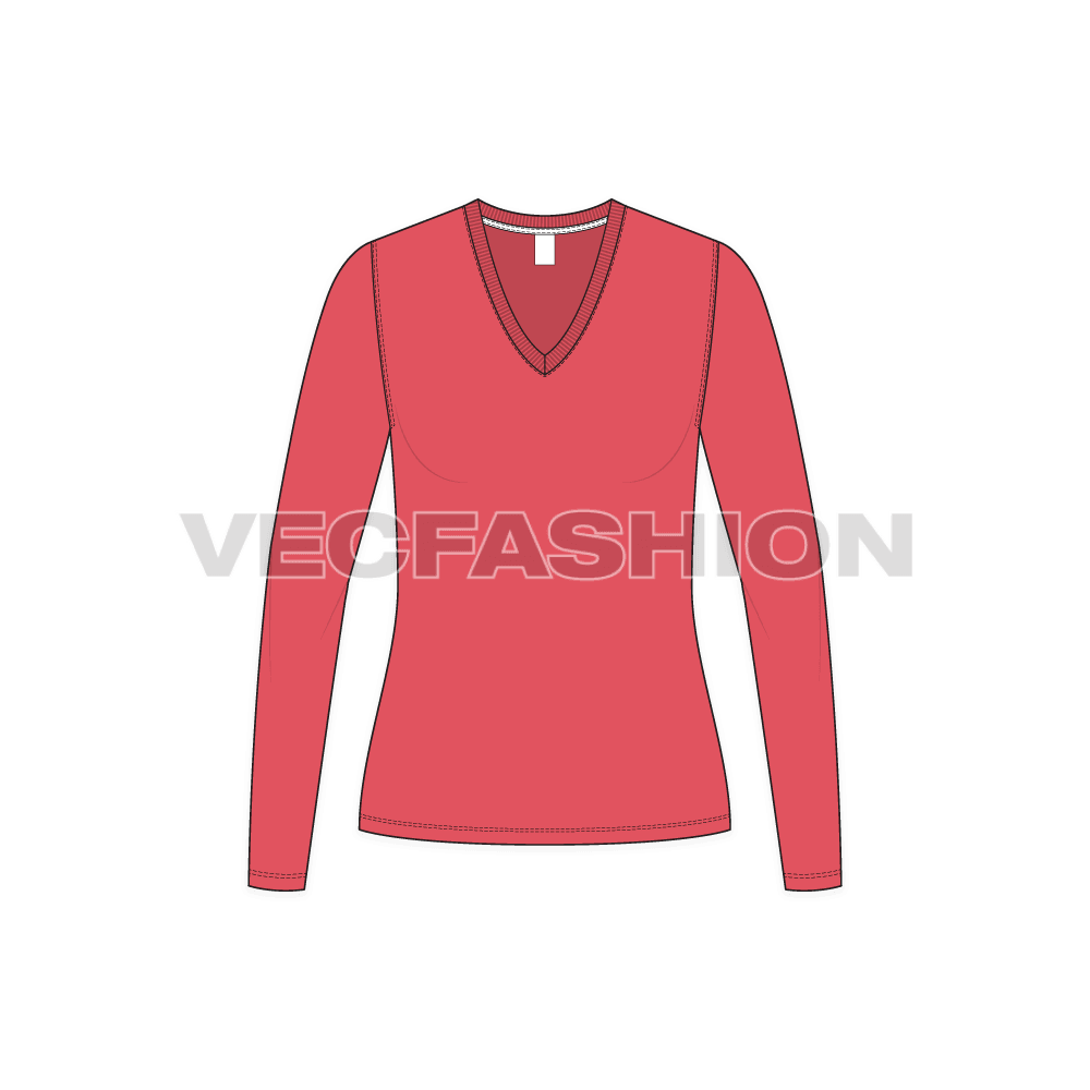 Womens deep v-neck shirt flat sketch, front view