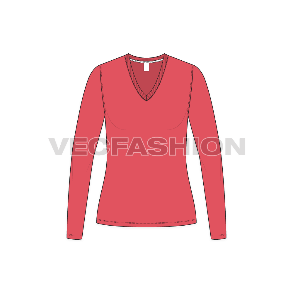 A vector fashion template for Women's Deep V-neck Shirt. It has low v neckline made out of rib and sleeves have standard hem.