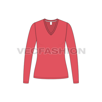 A vector fashion template for Women's Deep V-neck Shirt. It has low v neckline made out of rib and sleeves have standard hem.