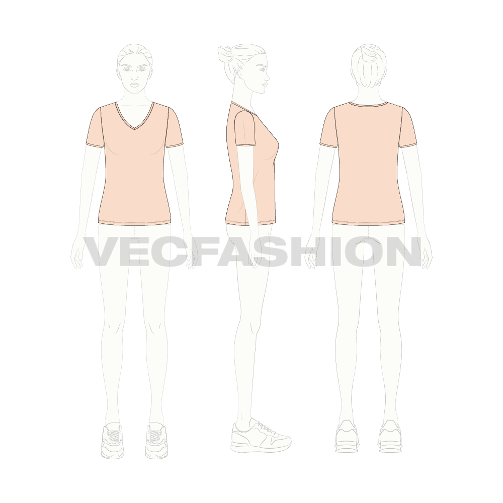 Womens deep v-neck t-shirt flat sketch, croqui sketch