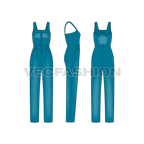 Womens denim dungaree flat sketch, showing all views, front, side and back