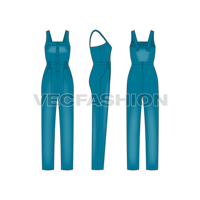 A vector illustrator template for Women's Denim Dungaree. It is colored in teal blue color by over-dyed technique on a regular denim and have pockets and straps details on it.  