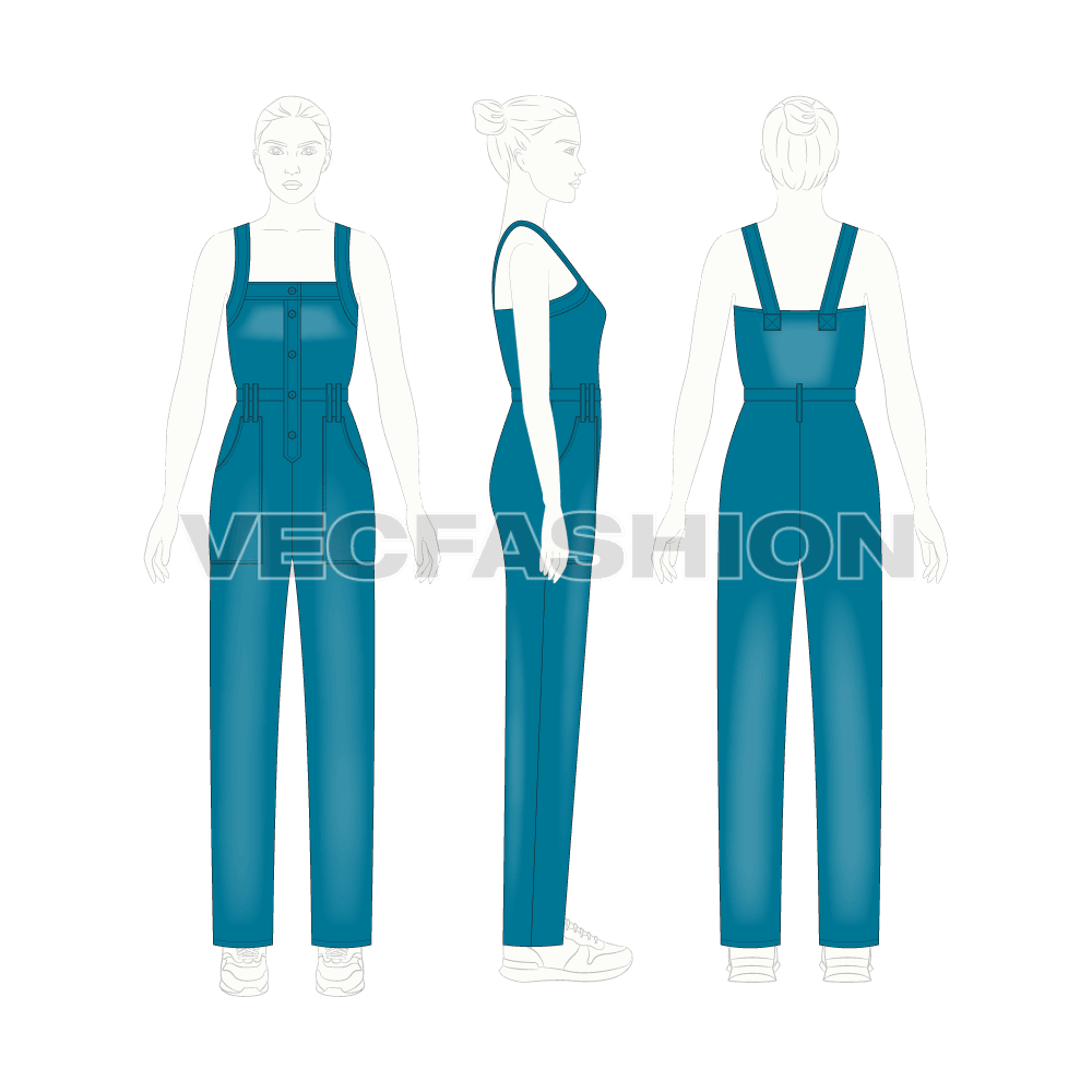Womens denim dungaree flat sketch, on croqui
