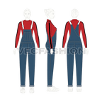 Womens denim dungaree with mockneck shirt flat sketch, on croqui