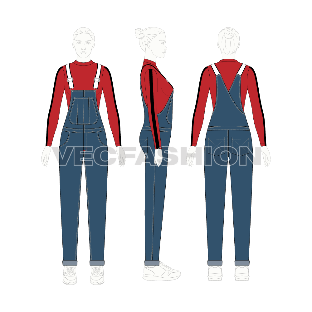 Womens denim dungaree with mockneck shirt flat sketch, on croqui