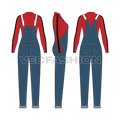 Womens denim dungaree with mockneck shirt flat sketch, showing all views, front, side and back