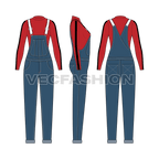 Womens denim dungaree with mockneck shirt flat sketch, showing all views, front, side and back