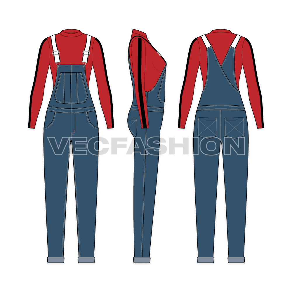 Womens denim dungaree with mockneck shirt flat sketch, showing all views, front, side and back