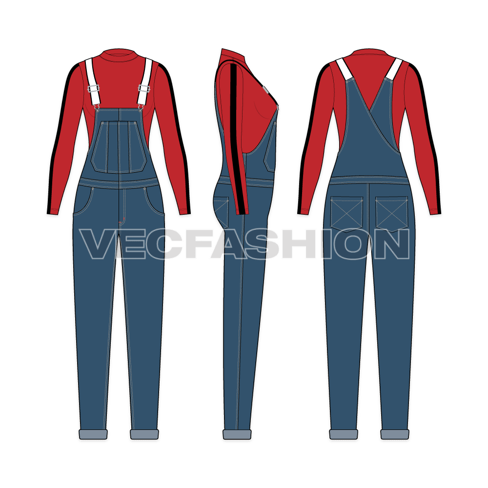 A vector sketch template of Women's Denim Dungaree with Mockneck Shirt. It has a long sleeved shirt with mock neck. On top there is vector sketch of denim dungaree with turn-up bottom cuffs.