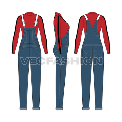 A vector sketch template of Women's Denim Dungaree with Mockneck Shirt. It has a long sleeved shirt with mock neck. On top there is vector sketch of denim dungaree with turn-up bottom cuffs.