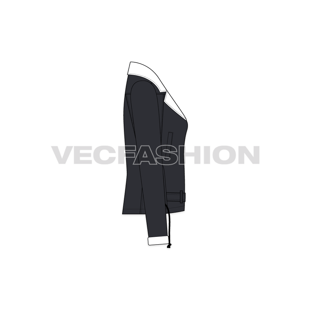 A vector illustrator template for Women's Denim Jacket. It is a dropped shoulder streetwear style jacket with heavy design details like, strings, panels, pockets etc. 